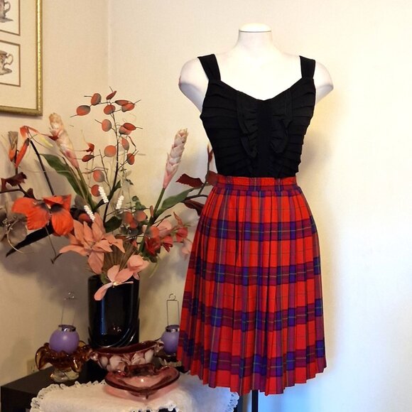 Vintage Jocardi Pleated Red Black Plaid High Elastic Waist Short Skirt Size 12 - Picture 4 of 9